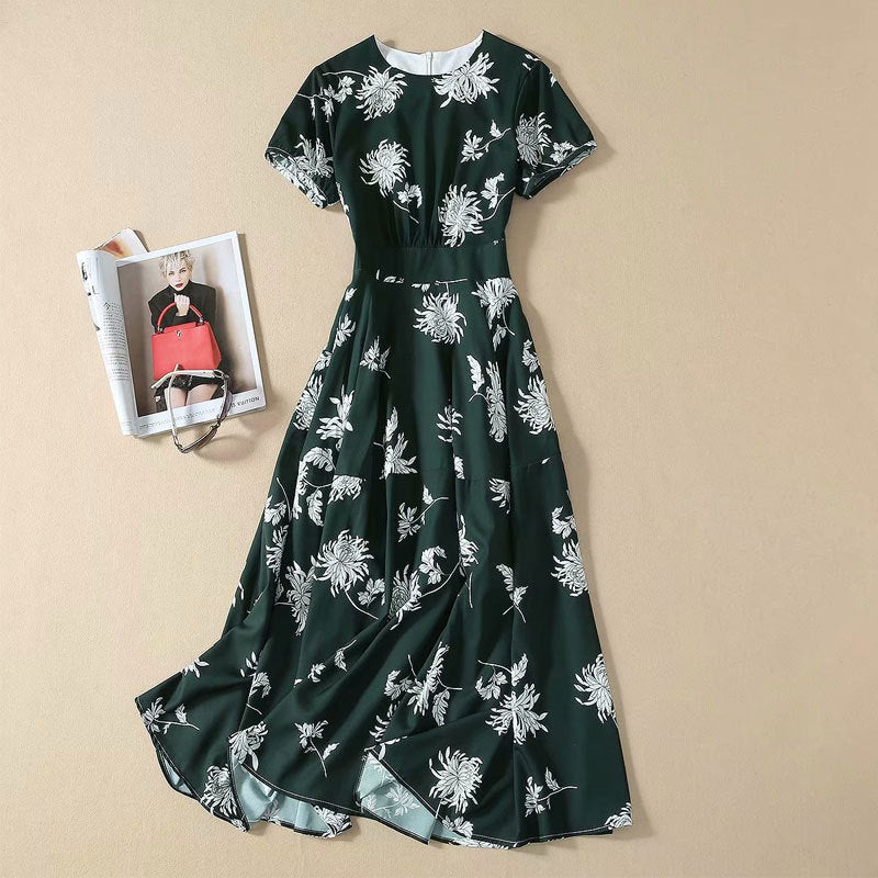 Printed Round Neck Long Dress With Big Hem