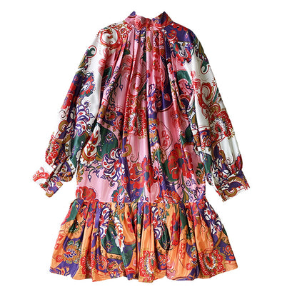 Fashion Puff Sleeve Tie Waist Printed Dress