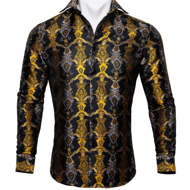 Barry.Wang Teal Paisley Floral Silk Shirts Men Autumn Long Sleeve Casual Flower Shirts For Men Designer Fit Dress Shirt BCY-05