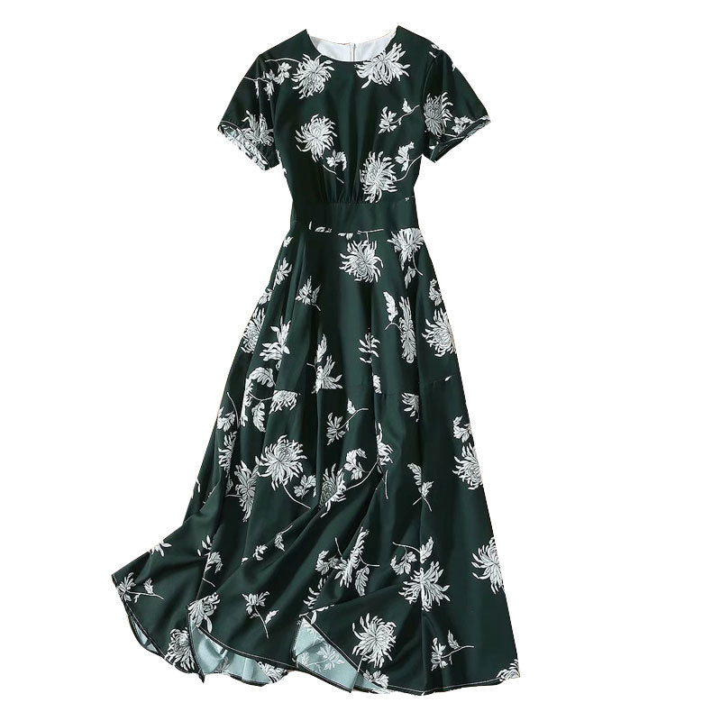 Printed Round Neck Long Dress With Big Hem