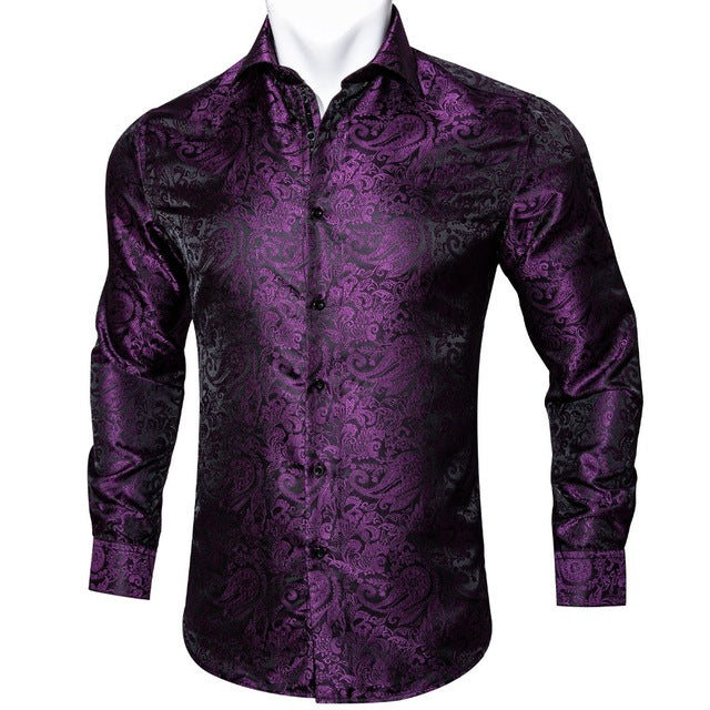 Barry.Wang Teal Paisley Floral Silk Shirts Men Autumn Long Sleeve Casual Flower Shirts For Men Designer Fit Dress Shirt BCY-05