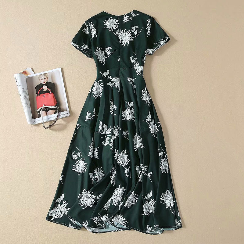 Printed Round Neck Long Dress With Big Hem