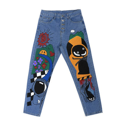 Womens Cartoon Printed Jeans Harem Pants Trousers For Women