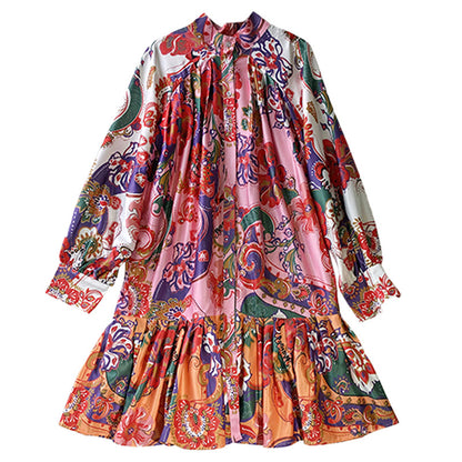 Fashion Puff Sleeve Tie Waist Printed Dress