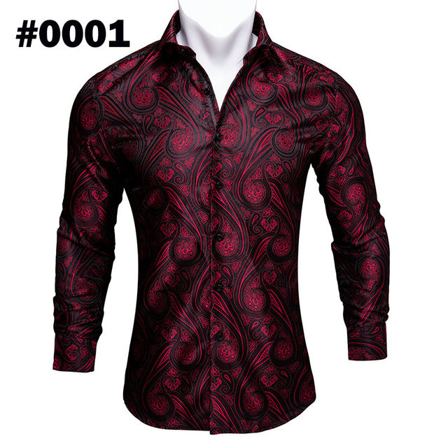 Barry.Wang Teal Paisley Floral Silk Shirts Men Autumn Long Sleeve Casual Flower Shirts For Men Designer Fit Dress Shirt BCY-05